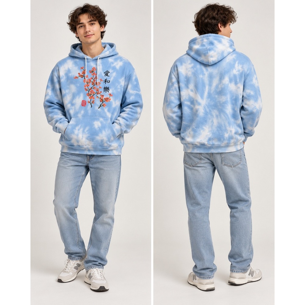 Y2K Artist Union Clothing Co Blue Tie Dye Cherry Blossom Kanji Hoodie Unisex M